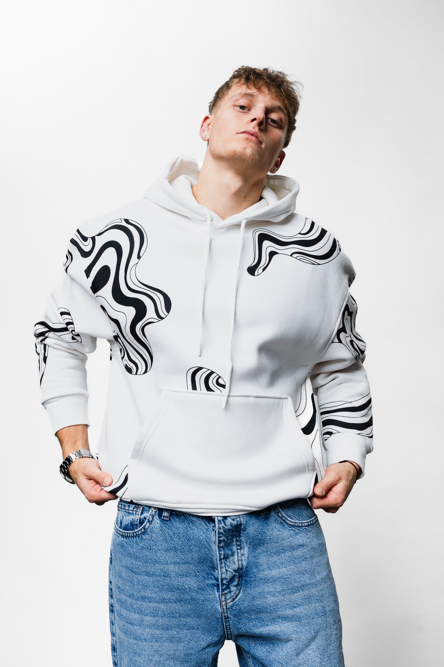 Black Lines White Oversize Hoodie B-1040