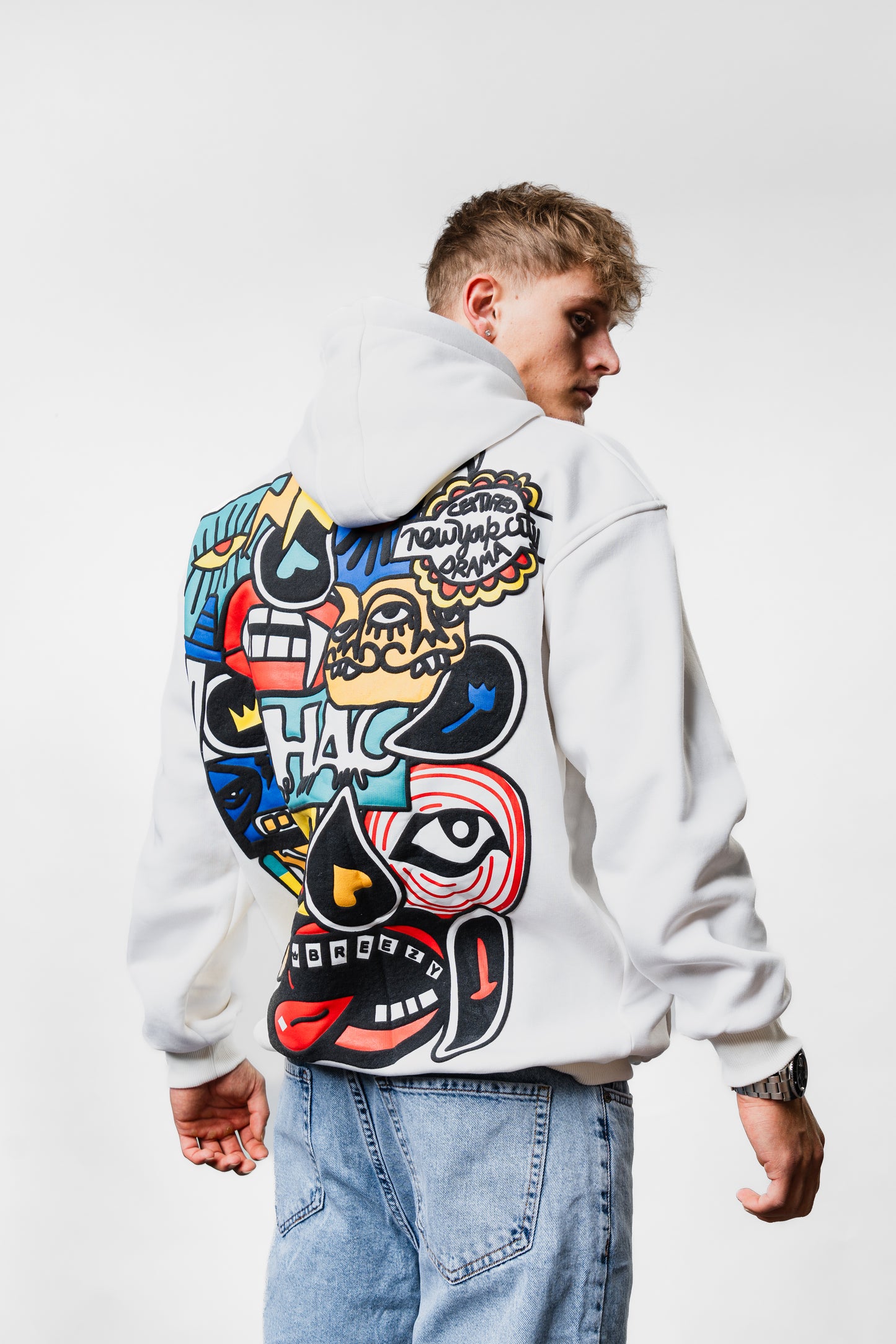 New York Graffiti White Oversize Hoodie B-1030