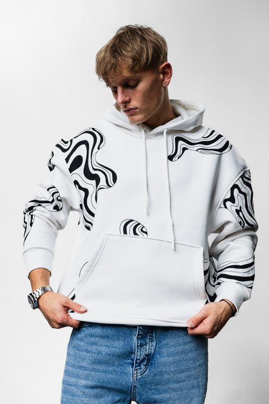 Black Lines White Oversize Hoodie B-1040