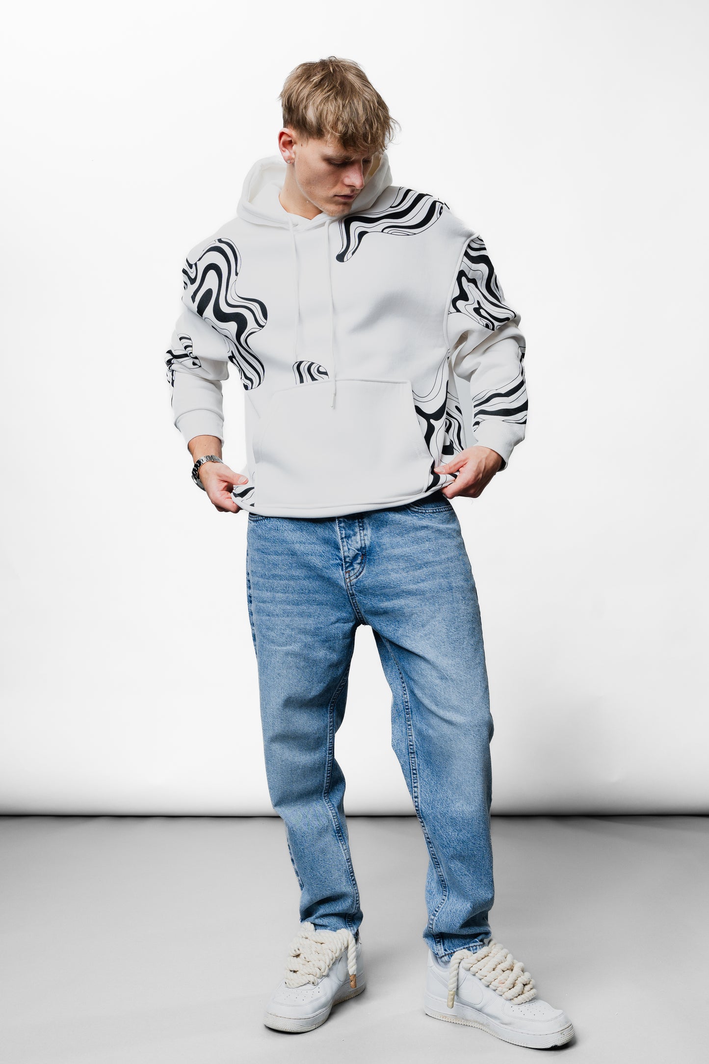 Black Lines White Oversize Hoodie B-1040