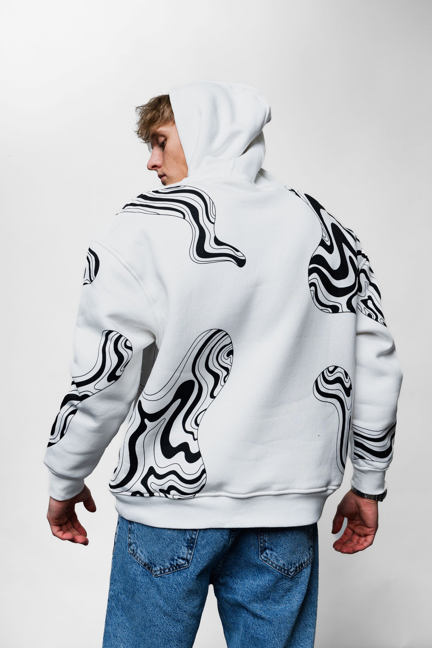 Black Lines White Oversize Hoodie B-1040