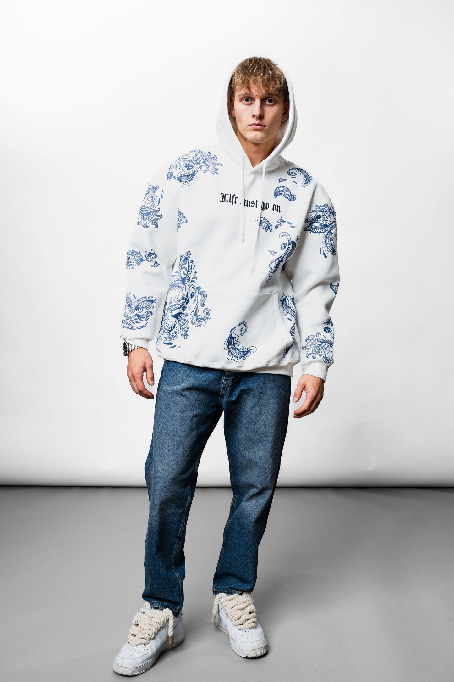 White And Blue Oversize Hoodie B-1076